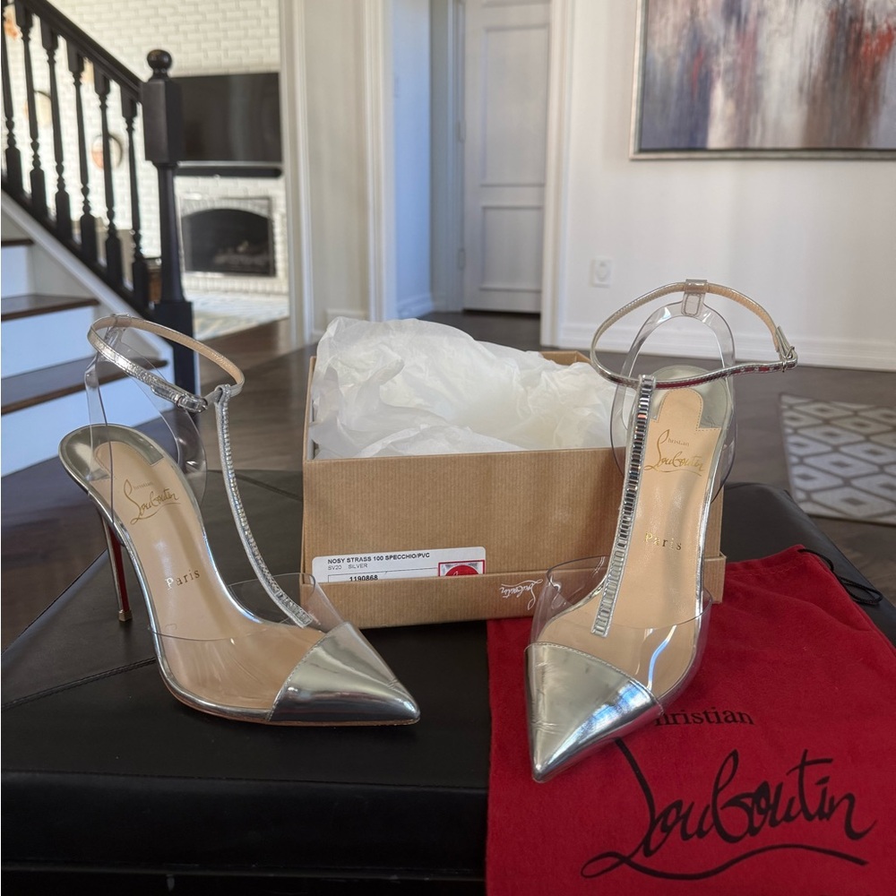 Christian Louboutin Silver Pointed Heels - 100mm Nosy Strass